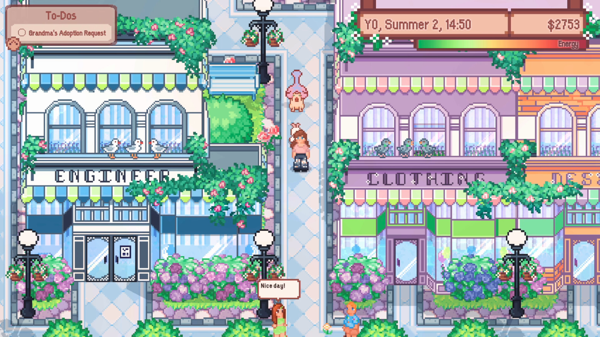 A flower-covered shopping street in Llama Town