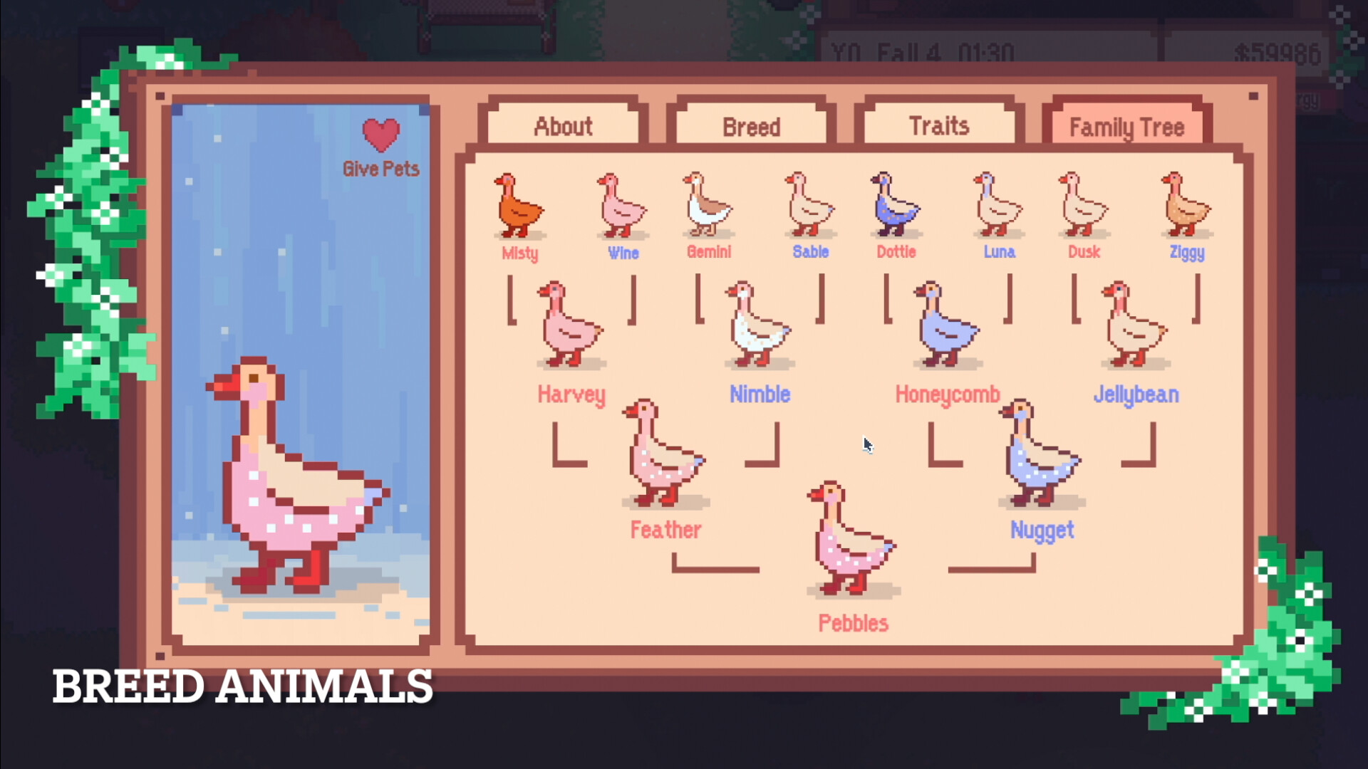 A family tree of geese showing inherited colors across generations
