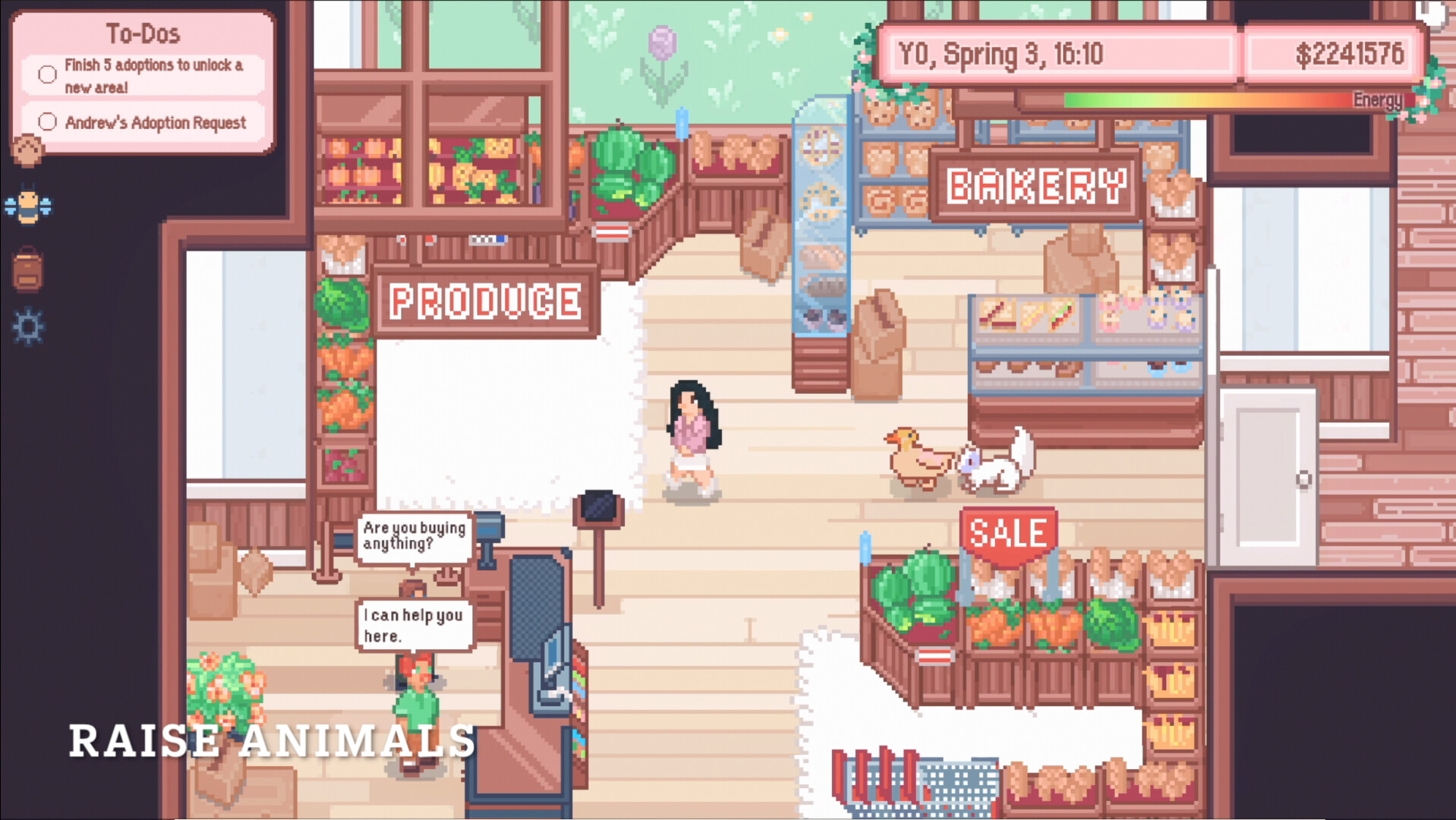 Browsing the produce section and bakery with a duck and bunny in tow